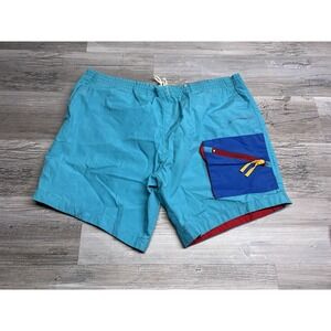 Vintage Mens Color Block Swim Trunks Teal Blue Zip Pockets Woodfield Sz M Lined